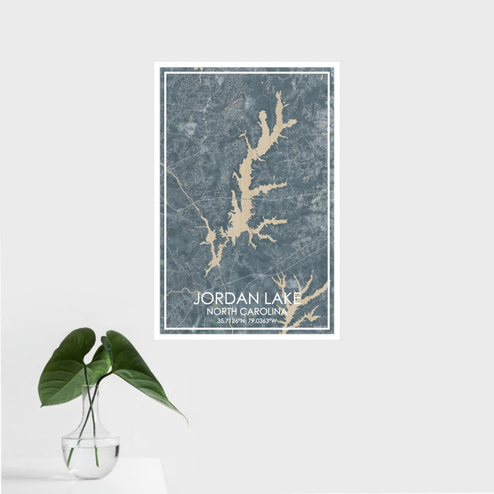 16x24 Jordan Lake North Carolina Map Print Portrait Orientation in Afternoon Style With Tropical Plant Leaves in Water