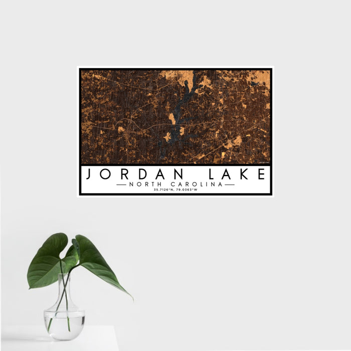 16x24 Jordan Lake North Carolina Map Print Landscape Orientation in Ember Style With Tropical Plant Leaves in Water