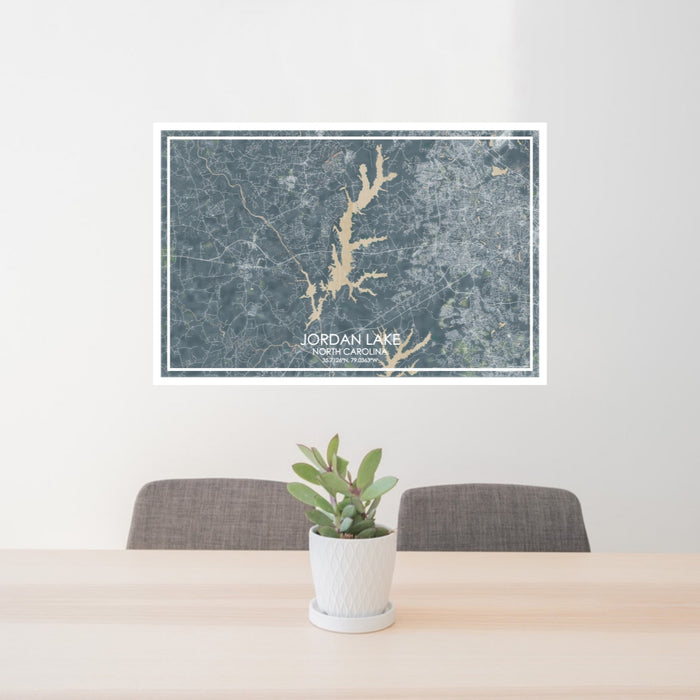 24x36 Jordan Lake North Carolina Map Print Lanscape Orientation in Afternoon Style Behind 2 Chairs Table and Potted Plant