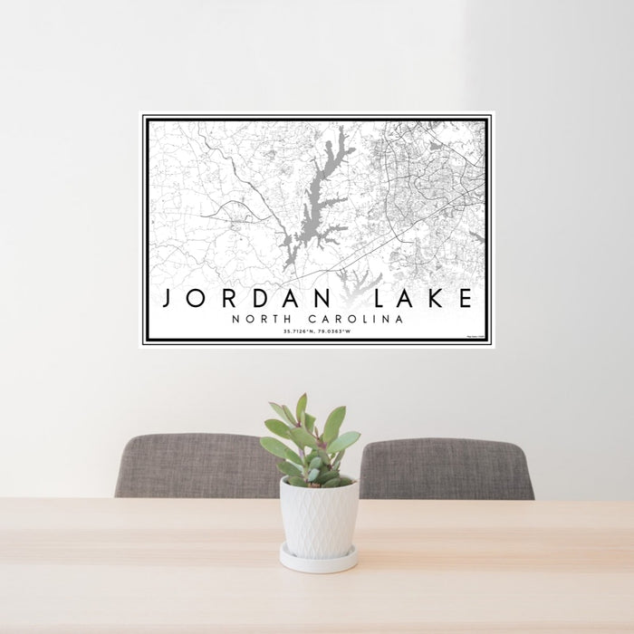24x36 Jordan Lake North Carolina Map Print Lanscape Orientation in Classic Style Behind 2 Chairs Table and Potted Plant