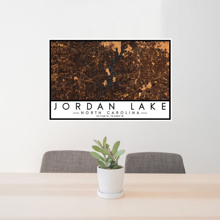 24x36 Jordan Lake North Carolina Map Print Lanscape Orientation in Ember Style Behind 2 Chairs Table and Potted Plant