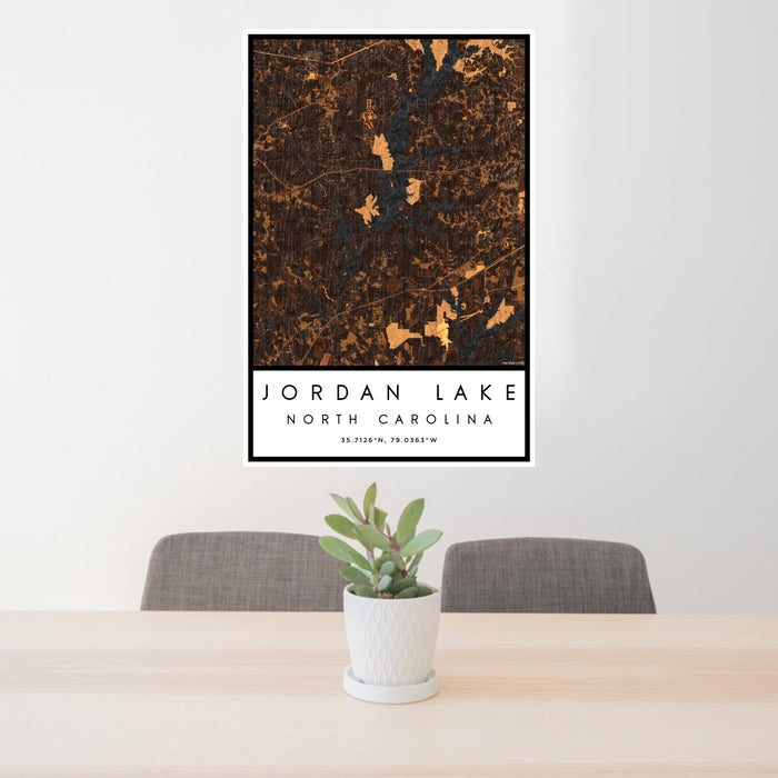 24x36 Jordan Lake North Carolina Map Print Portrait Orientation in Ember Style Behind 2 Chairs Table and Potted Plant
