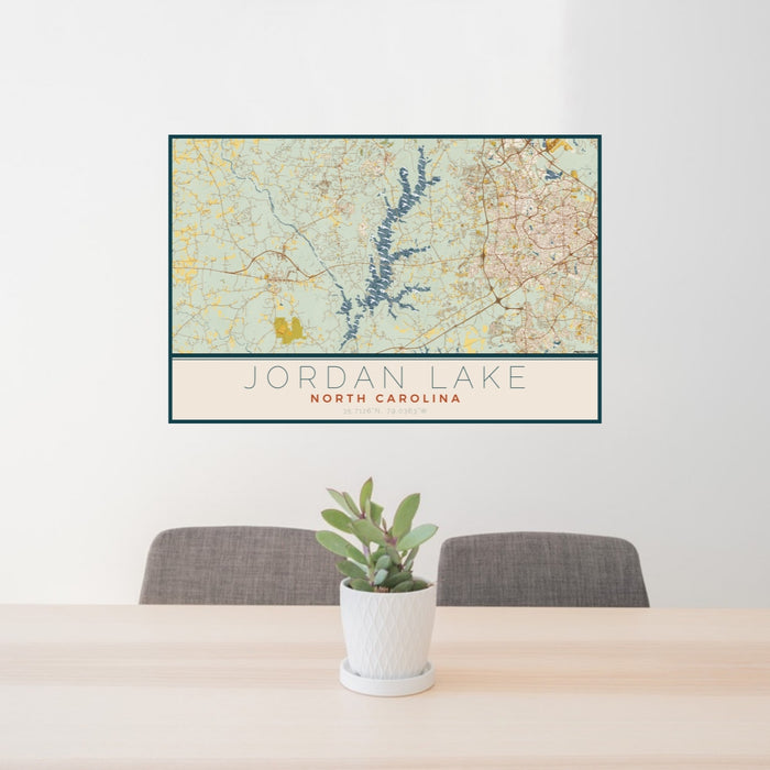 24x36 Jordan Lake North Carolina Map Print Lanscape Orientation in Woodblock Style Behind 2 Chairs Table and Potted Plant