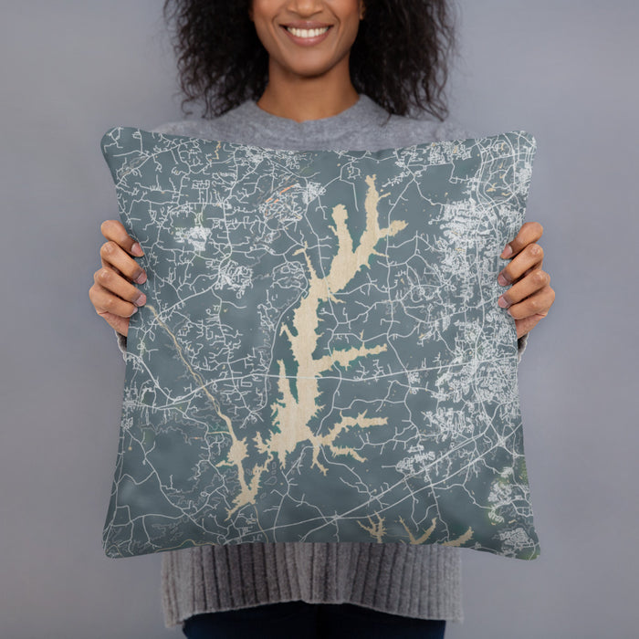 Person holding 18x18 Custom Jordan Lake North Carolina Map Throw Pillow in Afternoon