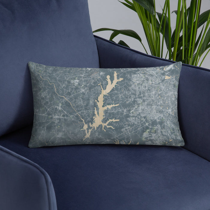 Custom Jordan Lake North Carolina Map Throw Pillow in Afternoon on Blue Colored Chair