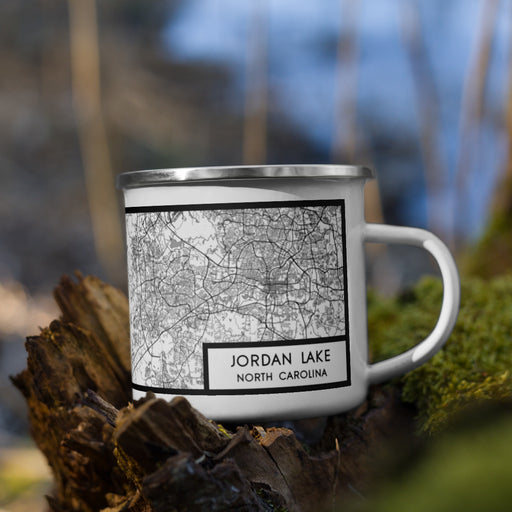 Right View Custom Jordan Lake North Carolina Map Enamel Mug in Classic on Grass With Trees in Background