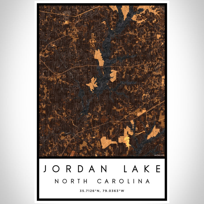 Jordan Lake North Carolina Map Print Portrait Orientation in Ember Style With Shaded Background