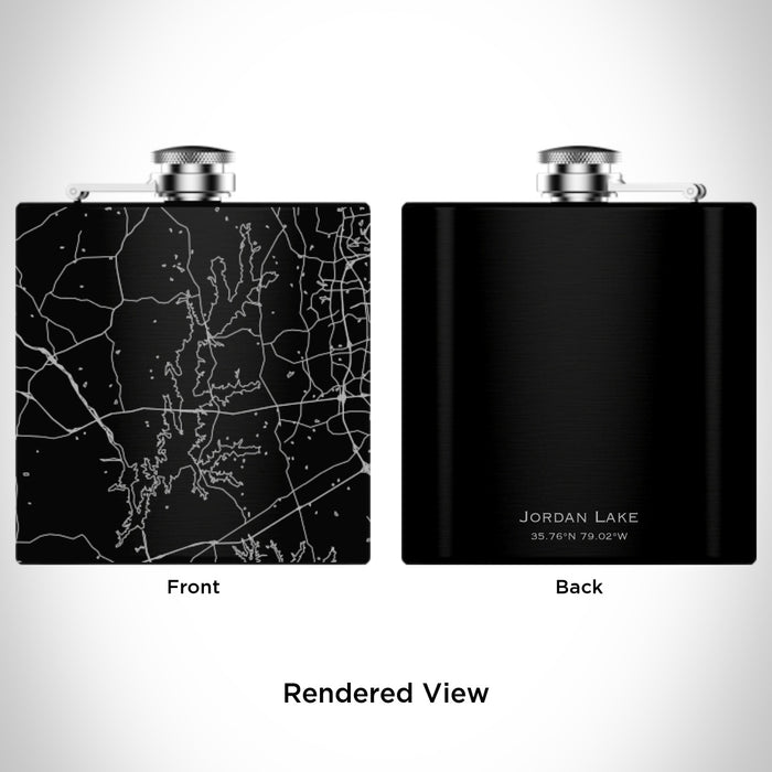 Rendered View of Jordan Lake North Carolina Map Engraving on 6oz Stainless Steel Flask in Black