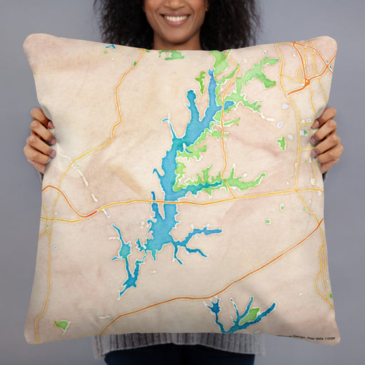 Person holding 22x22 Custom Jordan Lake North Carolina Map Throw Pillow in Watercolor