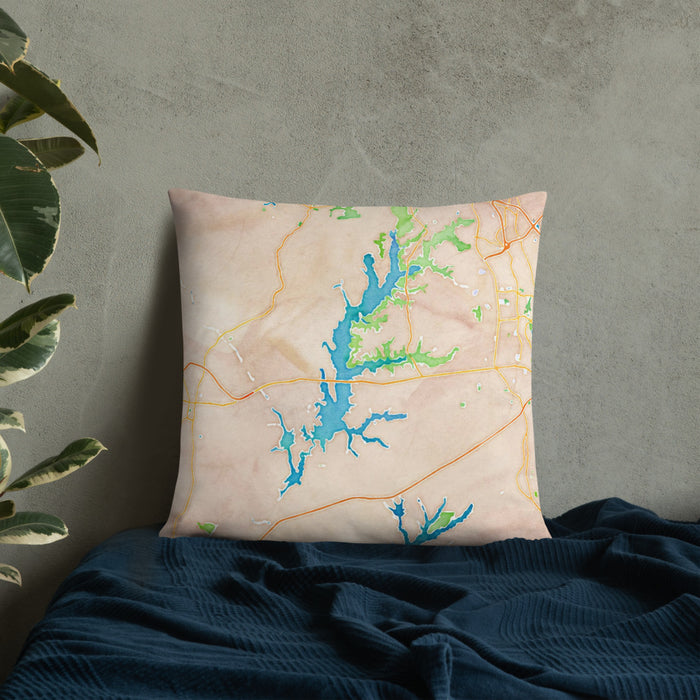 Custom Jordan Lake North Carolina Map Throw Pillow in Watercolor on Bedding Against Wall