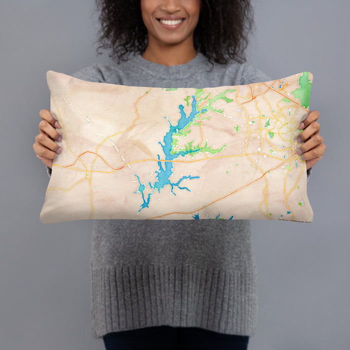 Person holding 20x12 Custom Jordan Lake North Carolina Map Throw Pillow in Watercolor