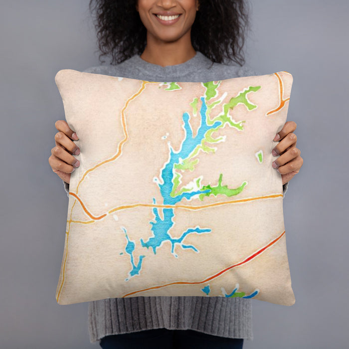 Person holding 18x18 Custom Jordan Lake North Carolina Map Throw Pillow in Watercolor