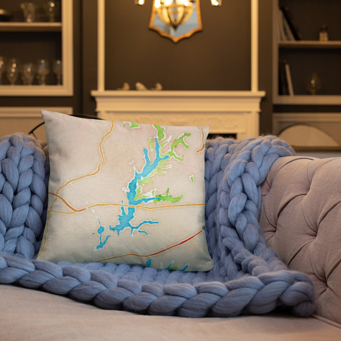 Custom Jordan Lake North Carolina Map Throw Pillow in Watercolor on Cream Colored Couch