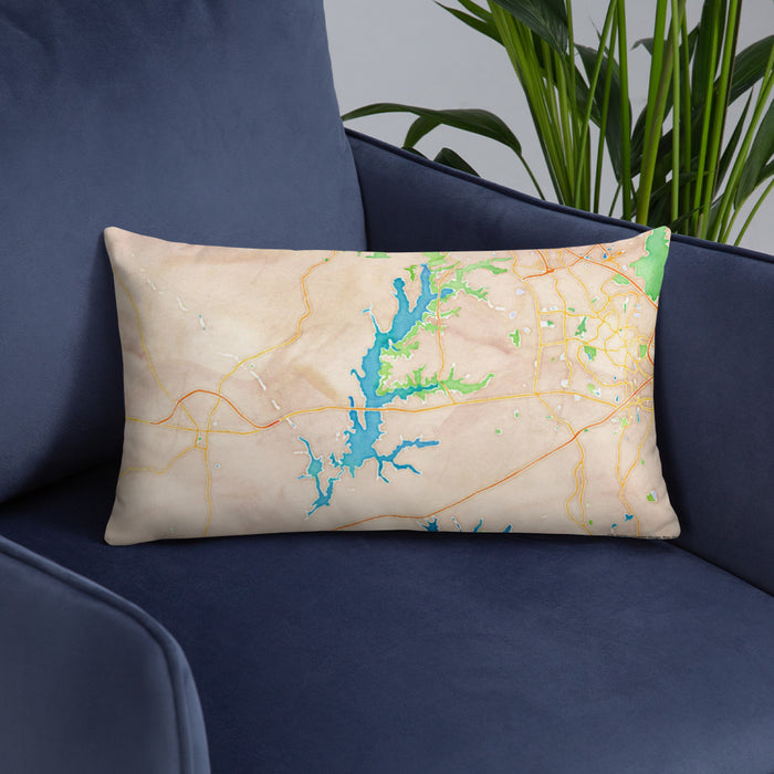 Custom Jordan Lake North Carolina Map Throw Pillow in Watercolor on Blue Colored Chair