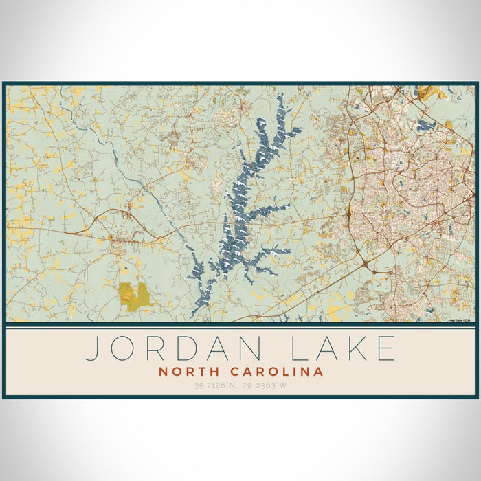 Jordan Lake North Carolina Map Print Landscape Orientation in Woodblock Style With Shaded Background