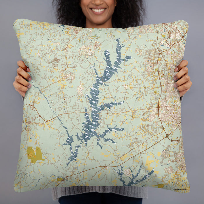 Person holding 22x22 Custom Jordan Lake North Carolina Map Throw Pillow in Woodblock