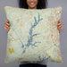 Person holding 22x22 Custom Jordan Lake North Carolina Map Throw Pillow in Woodblock