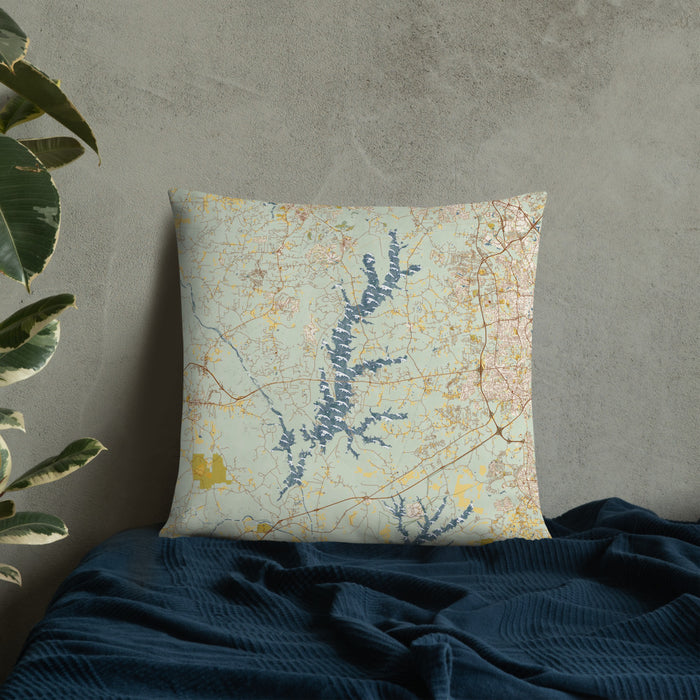 Custom Jordan Lake North Carolina Map Throw Pillow in Woodblock on Bedding Against Wall