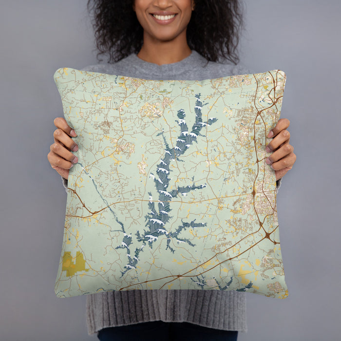 Person holding 18x18 Custom Jordan Lake North Carolina Map Throw Pillow in Woodblock