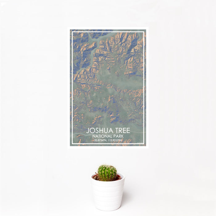 12x18 Joshua Tree National Park Map Print Portrait Orientation in Afternoon Style With Small Cactus Plant in White Planter