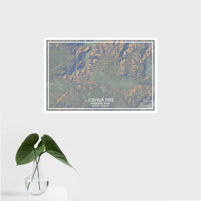 16x24 Joshua Tree National Park Map Print Landscape Orientation in Afternoon Style With Tropical Plant Leaves in Water
