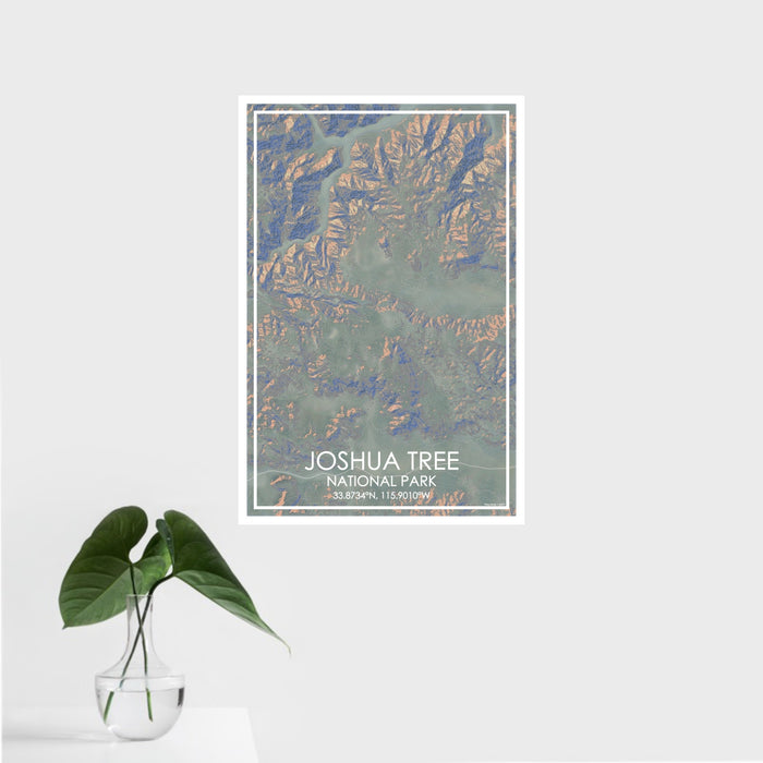 16x24 Joshua Tree National Park Map Print Portrait Orientation in Afternoon Style With Tropical Plant Leaves in Water