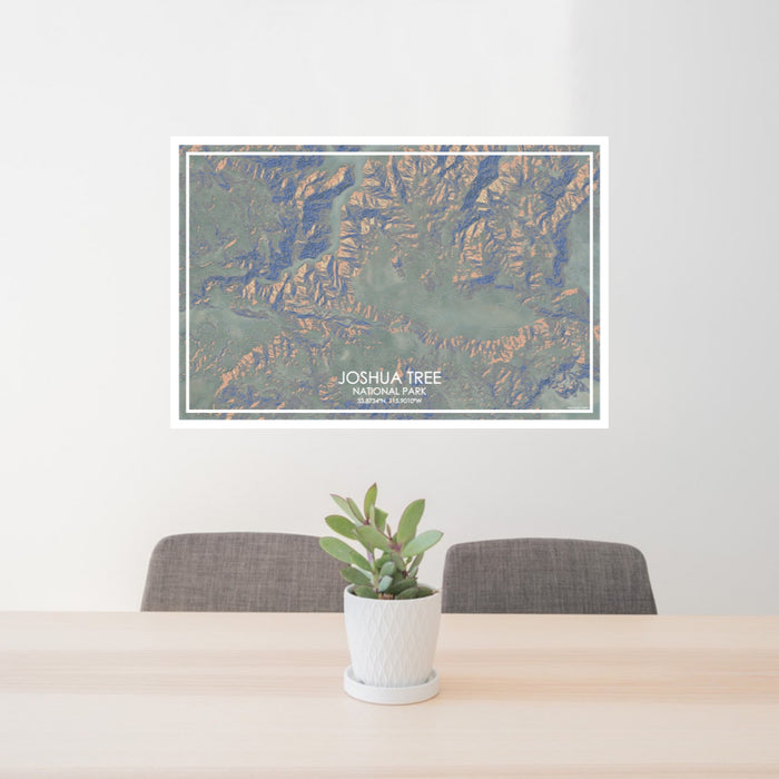24x36 Joshua Tree National Park Map Print Lanscape Orientation in Afternoon Style Behind 2 Chairs Table and Potted Plant