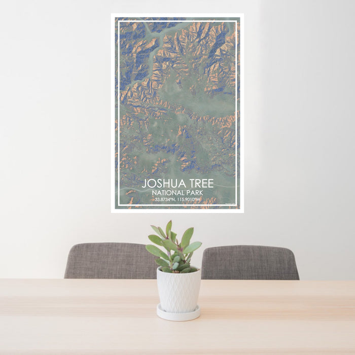 24x36 Joshua Tree National Park Map Print Portrait Orientation in Afternoon Style Behind 2 Chairs Table and Potted Plant
