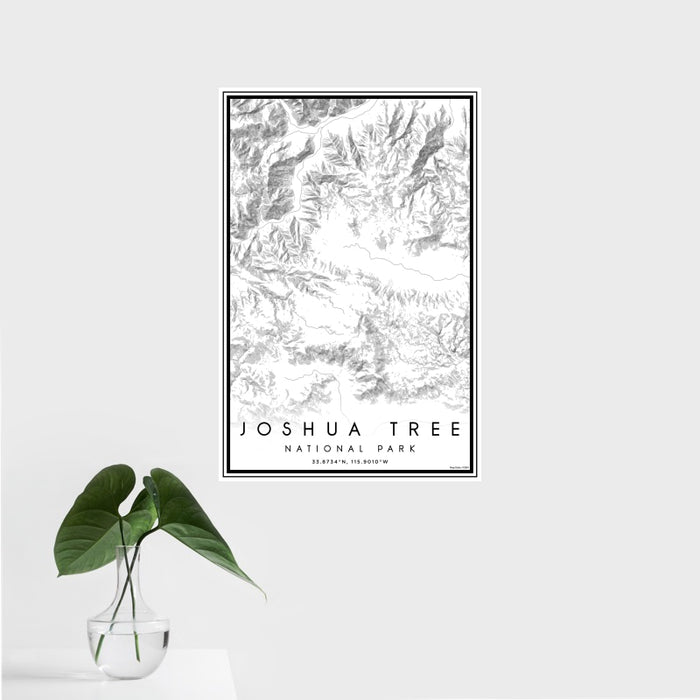 16x24 Joshua Tree National Park Map Print Portrait Orientation in Classic Style With Tropical Plant Leaves in Water