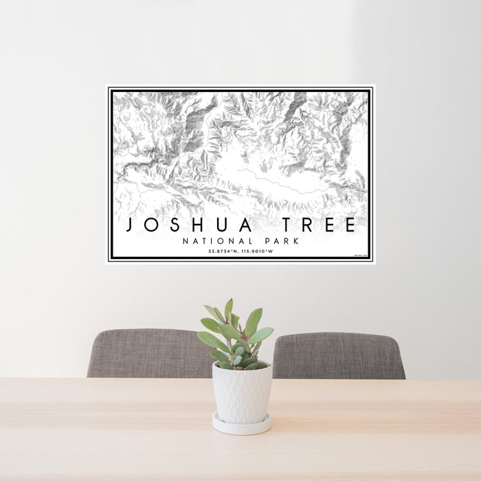 24x36 Joshua Tree National Park Map Print Landscape Orientation in Classic Style Behind 2 Chairs Table and Potted Plant