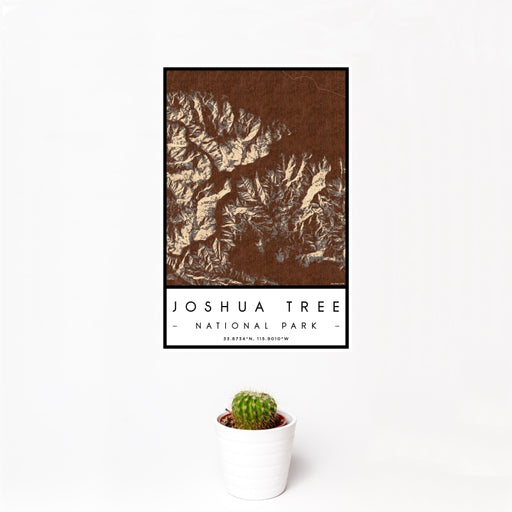 12x18 Joshua Tree National Park Map Print Portrait Orientation in Ember Style With Small Cactus Plant in White Planter