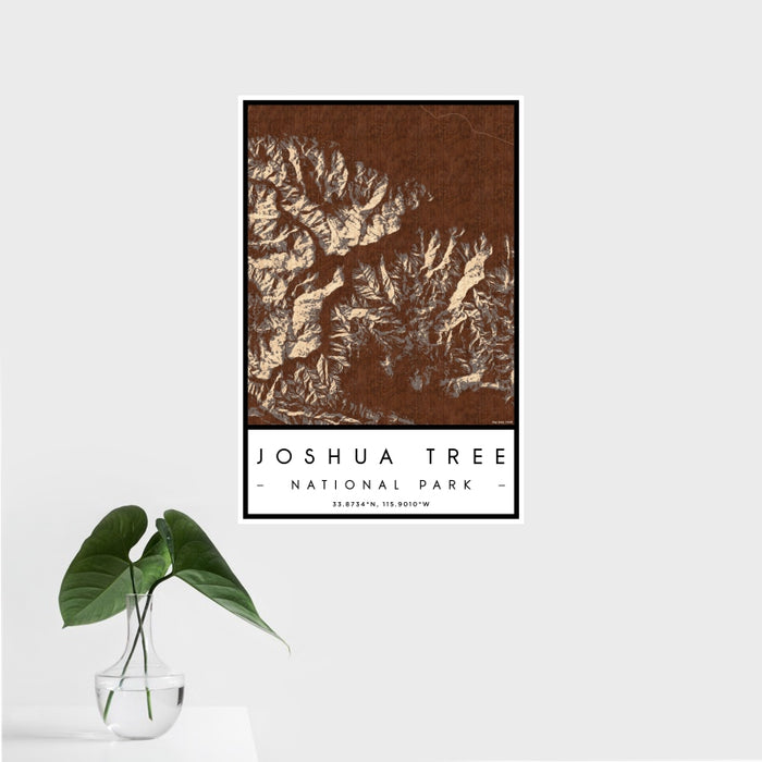 16x24 Joshua Tree National Park Map Print Portrait Orientation in Ember Style With Tropical Plant Leaves in Water