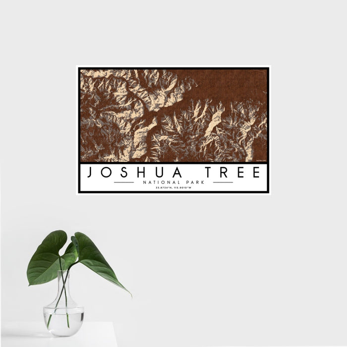 16x24 Joshua Tree National Park Map Print Landscape Orientation in Ember Style With Tropical Plant Leaves in Water