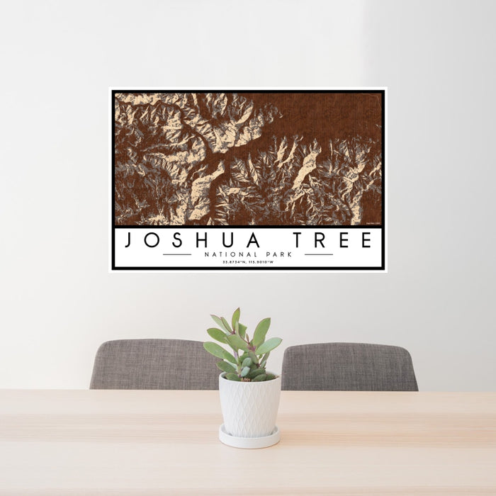 24x36 Joshua Tree National Park Map Print Landscape Orientation in Ember Style Behind 2 Chairs Table and Potted Plant