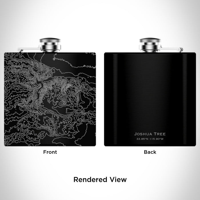 Rendered View of Joshua Tree National Park Map Engraving on 6oz Stainless Steel Flask in Black