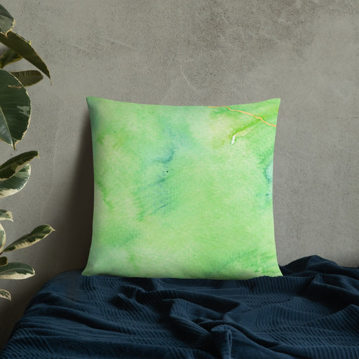 Custom Joshua Tree National Park Map Throw Pillow in Watercolor on Bedding Against Wall