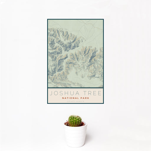 12x18 Joshua Tree National Park Map Print Portrait Orientation in Woodblock Style With Small Cactus Plant in White Planter