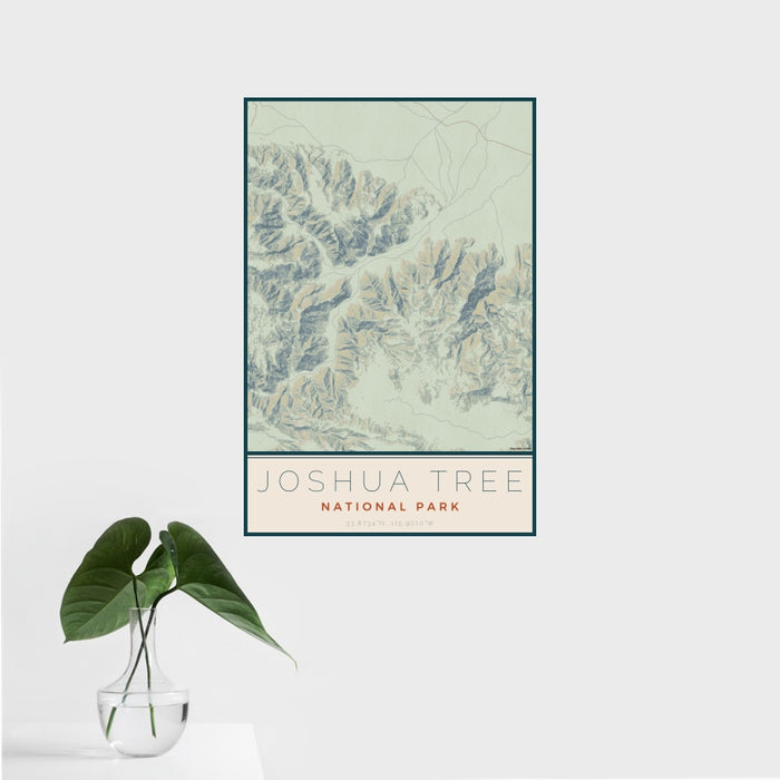 16x24 Joshua Tree National Park Map Print Portrait Orientation in Woodblock Style With Tropical Plant Leaves in Water