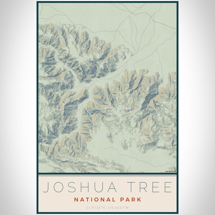 Joshua Tree National Park Map Print Portrait Orientation in Woodblock Style With Shaded Background