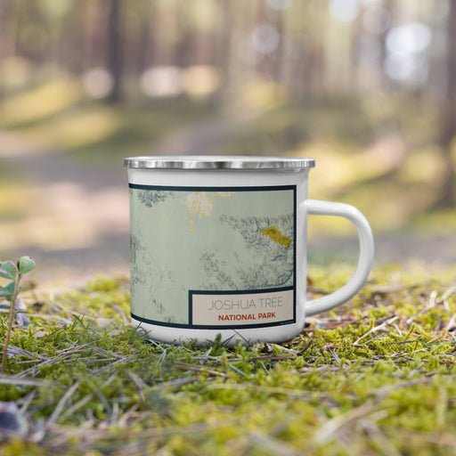 Right View Custom Joshua Tree National Park Map Enamel Mug in Woodblock on Grass With Trees in Background