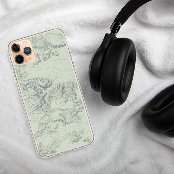 Custom Joshua Tree National Park Map Phone Case in Woodblock on Table with Black Headphones