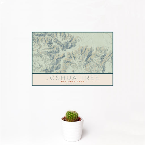 12x18 Joshua Tree National Park Map Print Landscape Orientation in Woodblock Style With Small Cactus Plant in White Planter