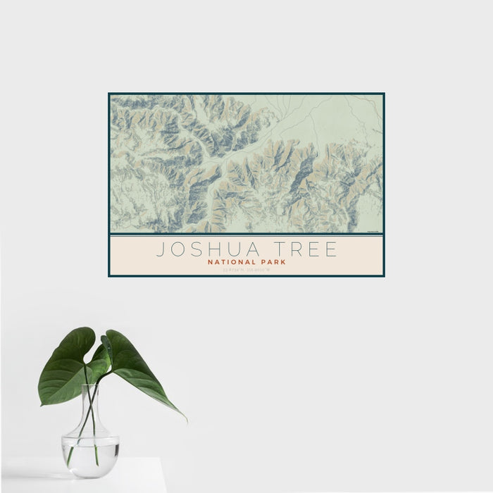 16x24 Joshua Tree National Park Map Print Landscape Orientation in Woodblock Style With Tropical Plant Leaves in Water