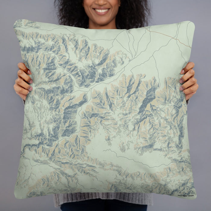 Person holding 22x22 Custom Joshua Tree National Park Map Throw Pillow in Woodblock