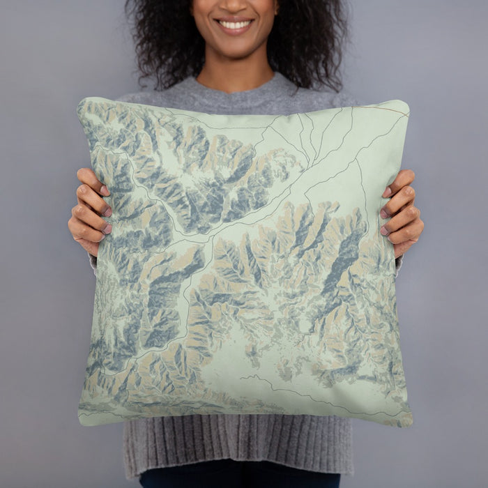 Person holding 18x18 Custom Joshua Tree National Park Map Throw Pillow in Woodblock