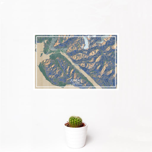 12x18 Juneau Alaska Map Print Landscape Orientation in Afternoon Style With Small Cactus Plant in White Planter