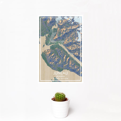 12x18 Juneau Alaska Map Print Portrait Orientation in Afternoon Style With Small Cactus Plant in White Planter
