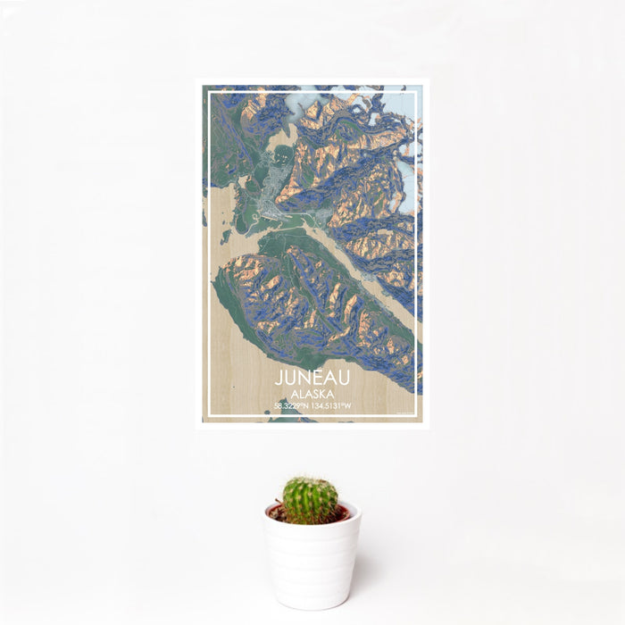 12x18 Juneau Alaska Map Print Portrait Orientation in Afternoon Style With Small Cactus Plant in White Planter