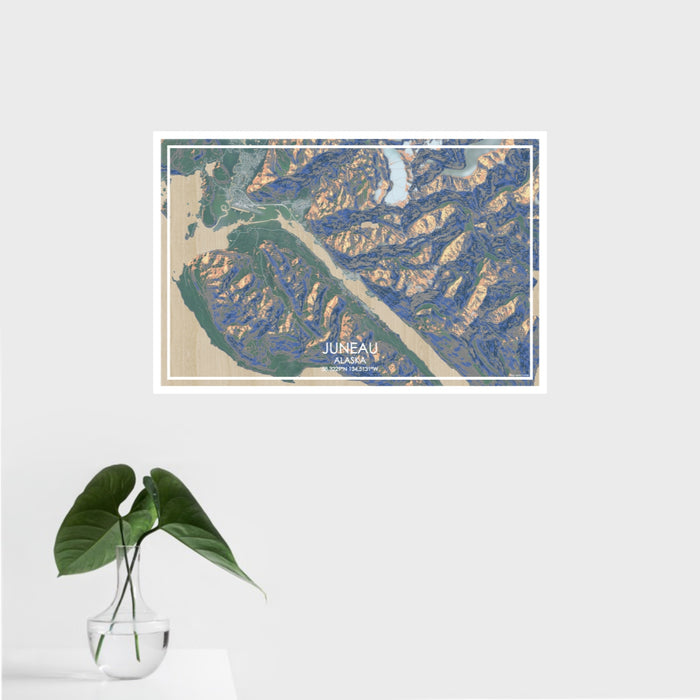 16x24 Juneau Alaska Map Print Landscape Orientation in Afternoon Style With Tropical Plant Leaves in Water