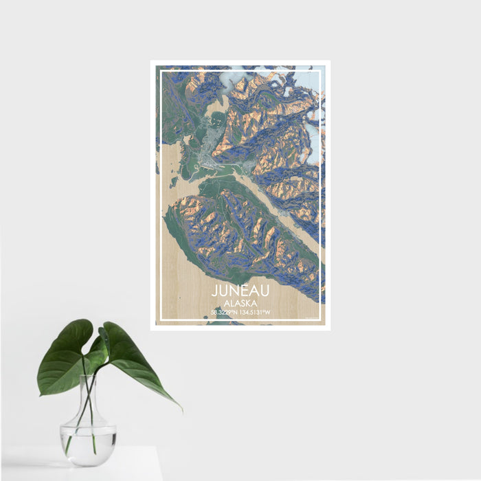 16x24 Juneau Alaska Map Print Portrait Orientation in Afternoon Style With Tropical Plant Leaves in Water
